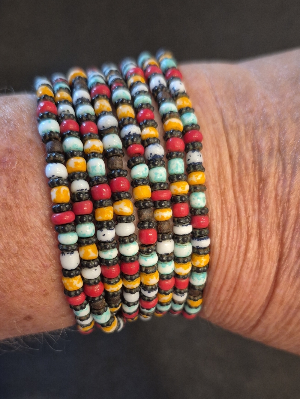 Multicolor Seed Bead Bracelet Stack In Red, Yellow, White, Mint, Black Francesca